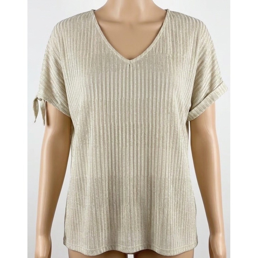 Women's Ribbed V-Neck Blouse Champagne Short Sleeve Tie Cuff Top Sz XL Work Wear